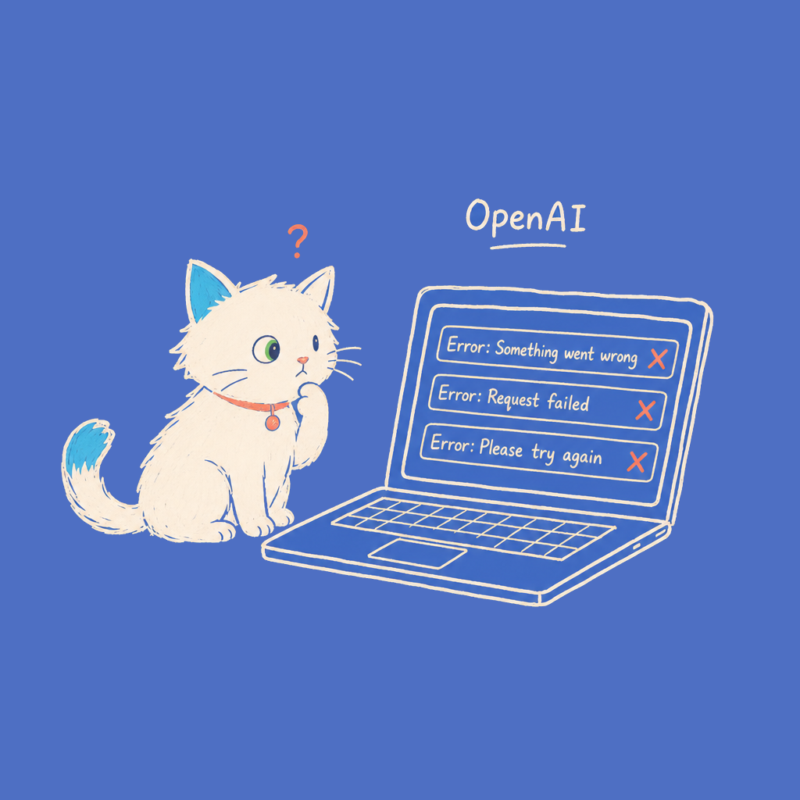 Hand-drawn illustration of the Meow Apps cat looking at OpenAI error rows on a laptop.