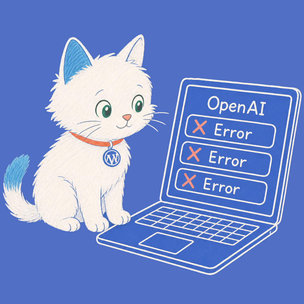Hand-drawn illustration of the Meow Apps cat looking at OpenAI error rows on a laptop.