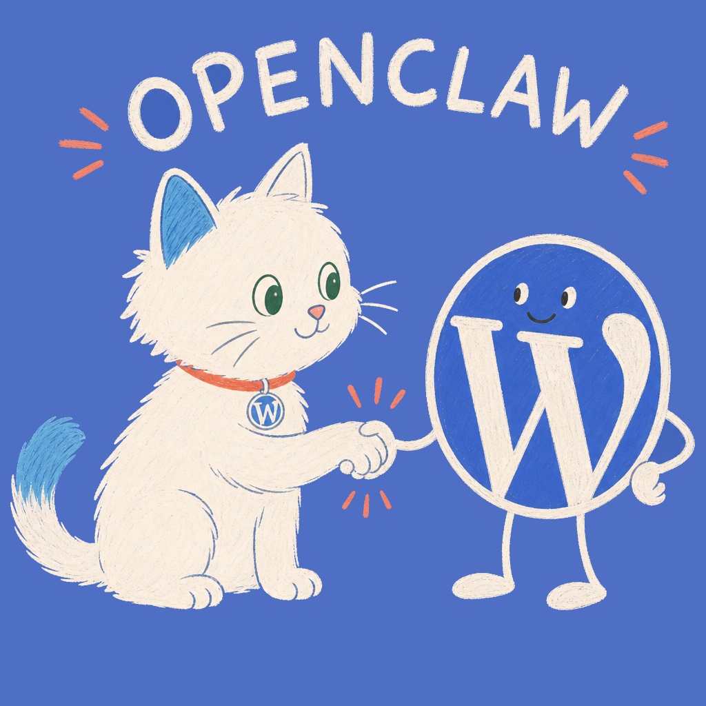 Hand-drawn illustration of the Meow Apps cat greeting a friendly WordPress character.