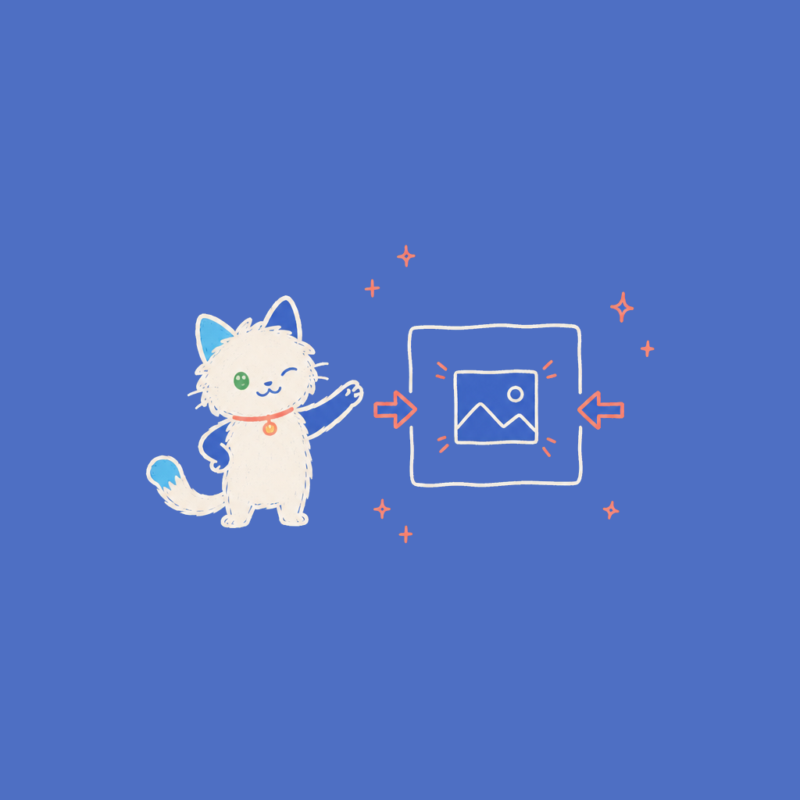 Hand-drawn illustration of the Meow Apps cat with an image being squeezed by coral arrows.