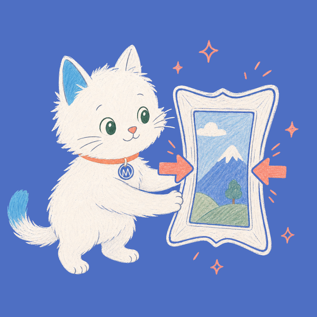 Hand-drawn illustration of the Meow Apps cat with an image being squeezed by coral arrows.