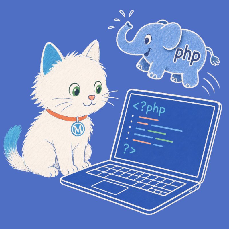 Hand-drawn illustration of the Meow Apps cat at a laptop with a PHP elephant icon.