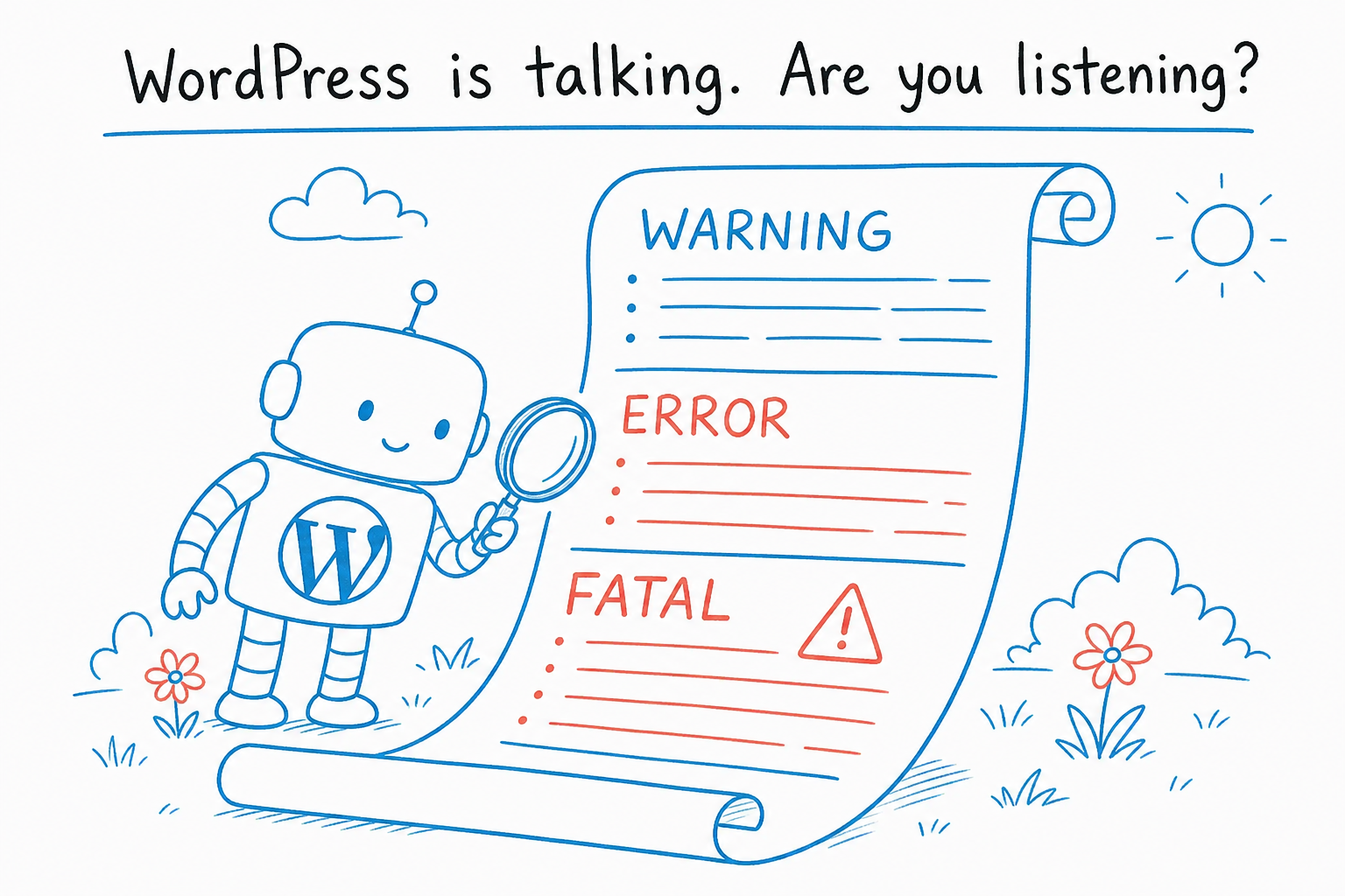 Diagram of a WordPress robot reading a long scroll showing WARNING, ERROR, and FATAL log lines.