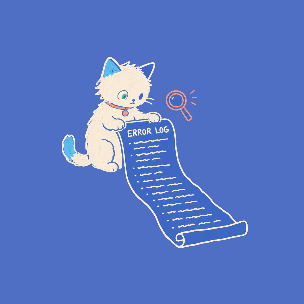 Hand-drawn illustration of the Meow Apps cat unrolling an ERROR LOG scroll.