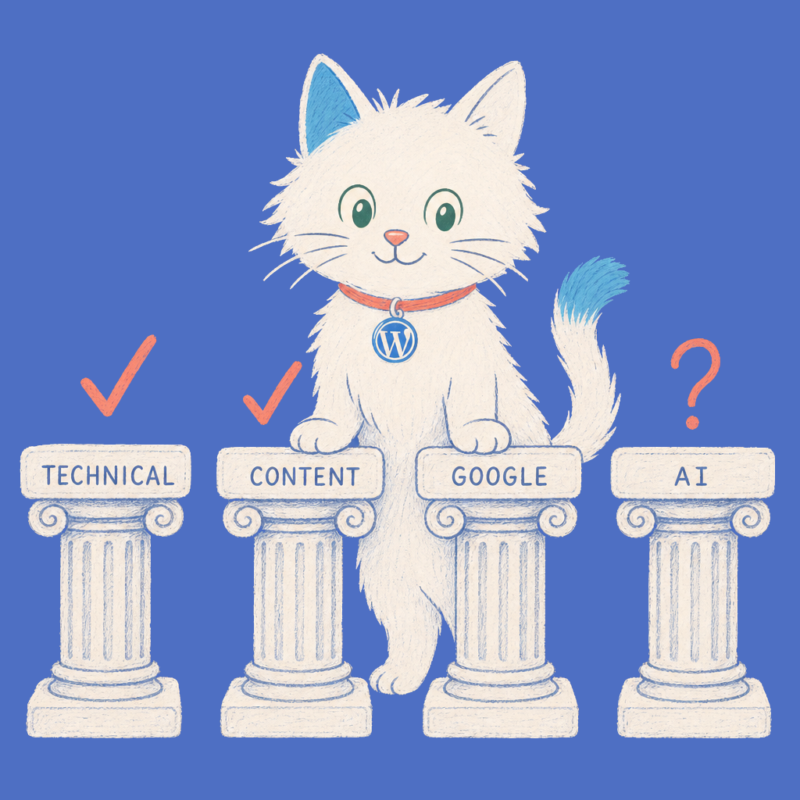 Hand-drawn illustration of the Meow Apps cat between four labeled pillars.