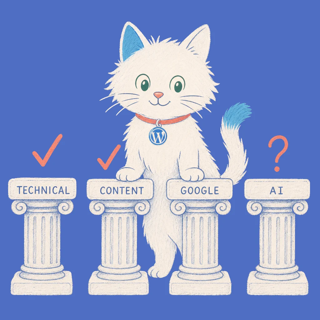 Hand-drawn illustration of the Meow Apps cat between four labeled pillars.