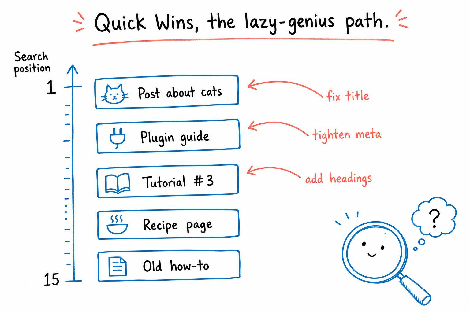Sketch ranking chart showing how Search Console Quick Wins lift posts from position 5 to 15 up to position 1 with targeted fixes.