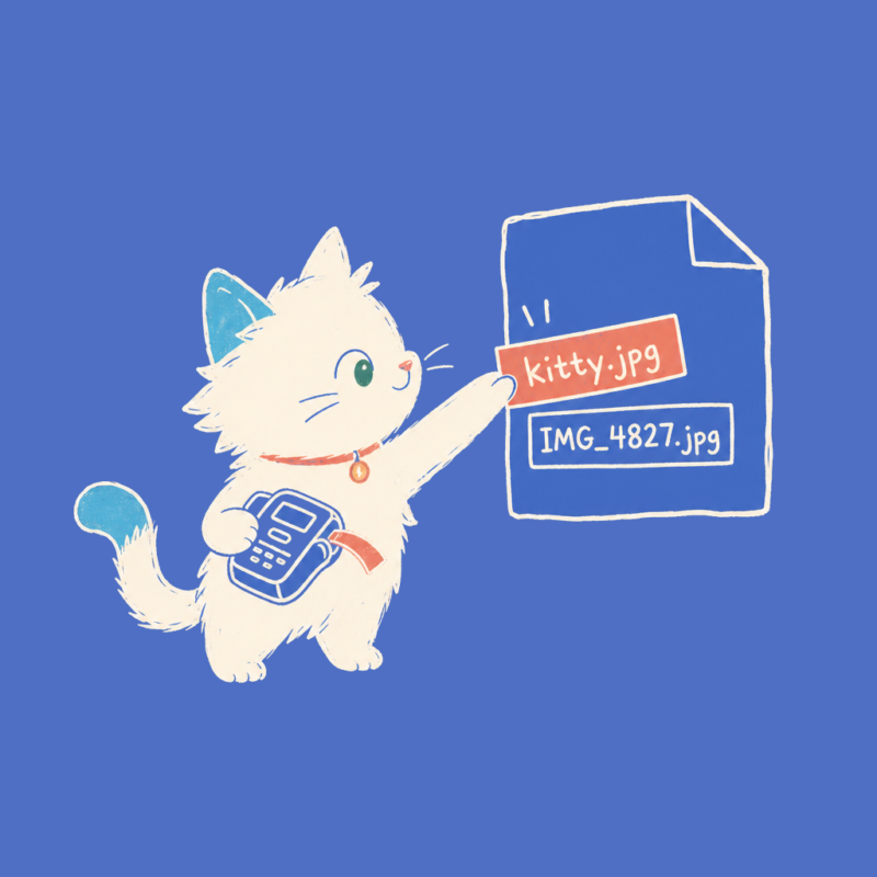 Hand-drawn illustration of the Meow Apps cat using a label maker.