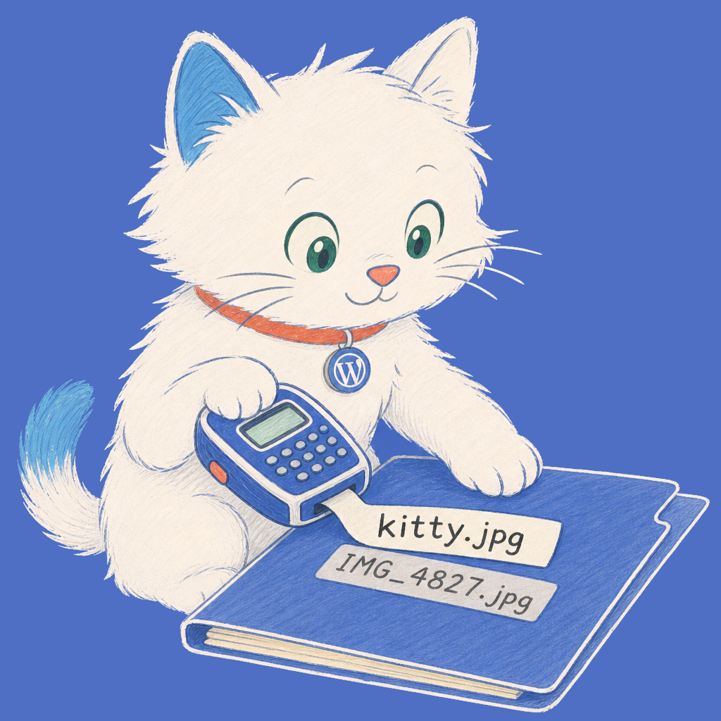 Hand-drawn illustration of the Meow Apps cat using a label maker.