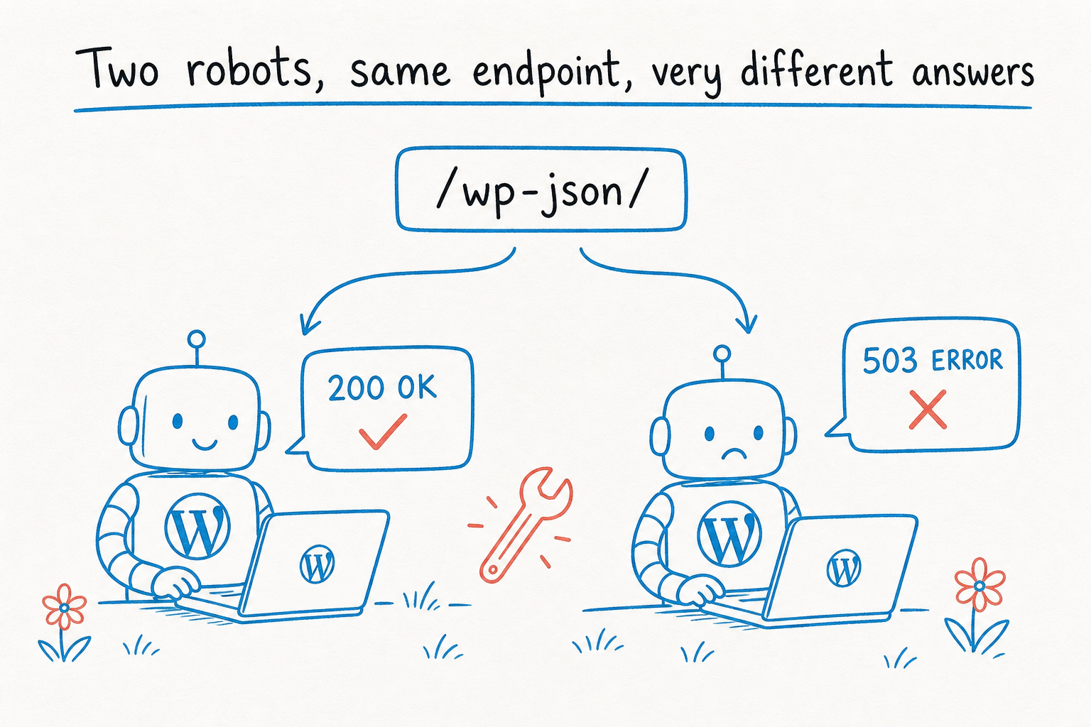 Diagram of WordPress REST API endpoint returning 200 OK to one robot and 503 to another.