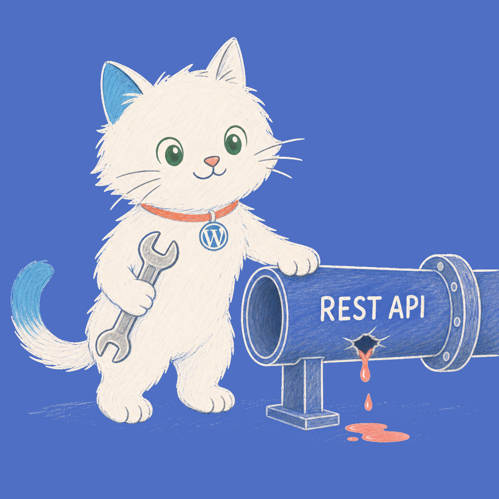 Hand-drawn illustration of the Meow Apps cat with a wrench at a leaking REST API pipe.