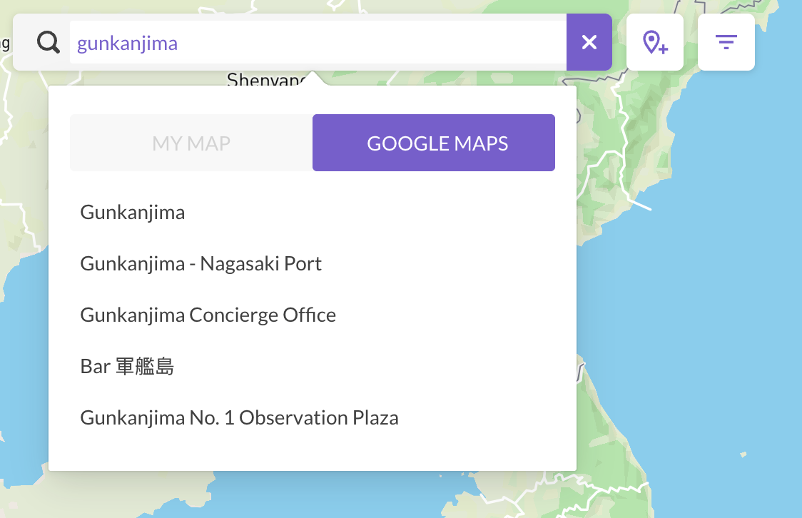 Ikuzo map editor showing search results for Gunkanjima with spot details