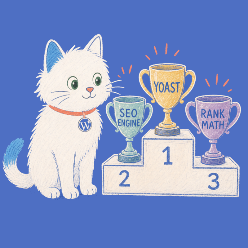 Hand-drawn illustration of the Meow Apps cat next to a podium with three SEO plugin trophies.