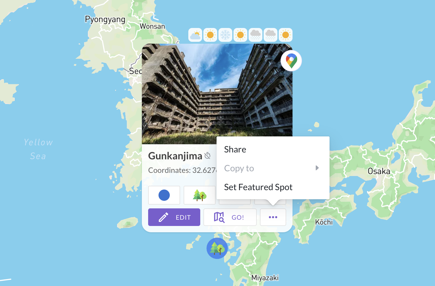 Ikuzo spot editor showing photos, description, status, and type for a location