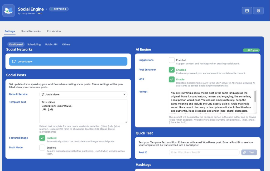 Social Engine — Settings
