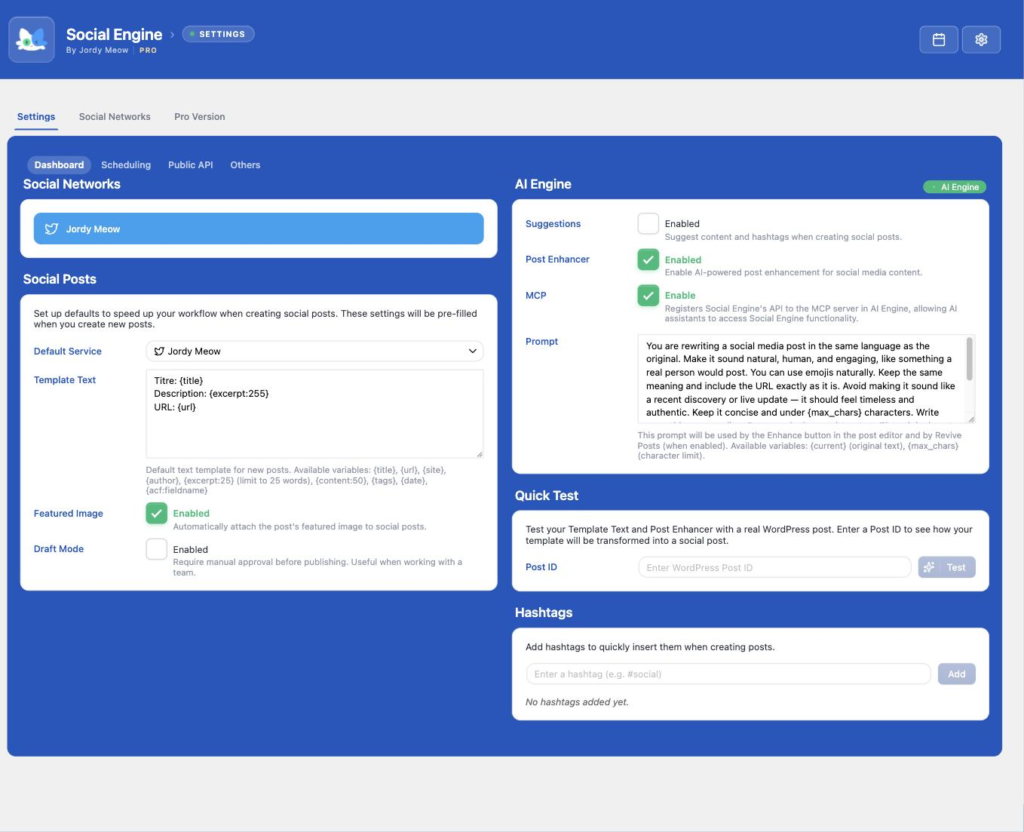 Social Engine — Settings