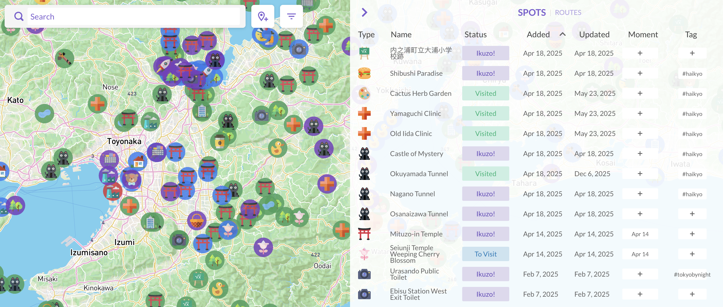 Ikuzo spots list showing organized travel locations with types, statuses, and tags