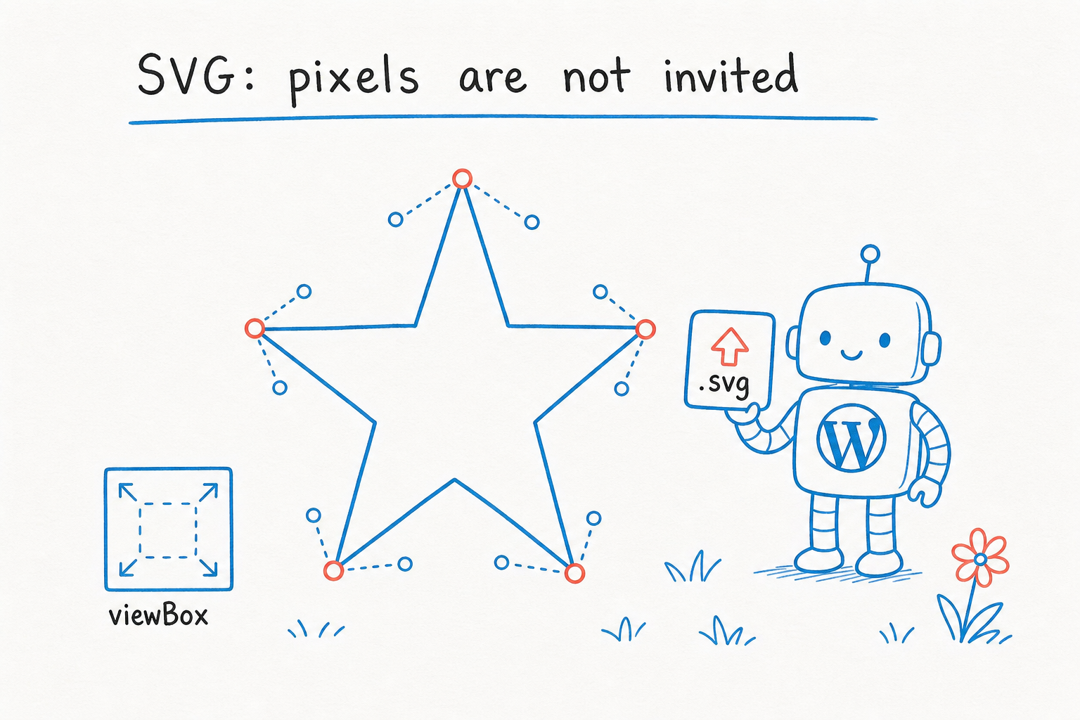 Diagram showing the anatomy of an SVG with vector path, anchor points, and viewBox.