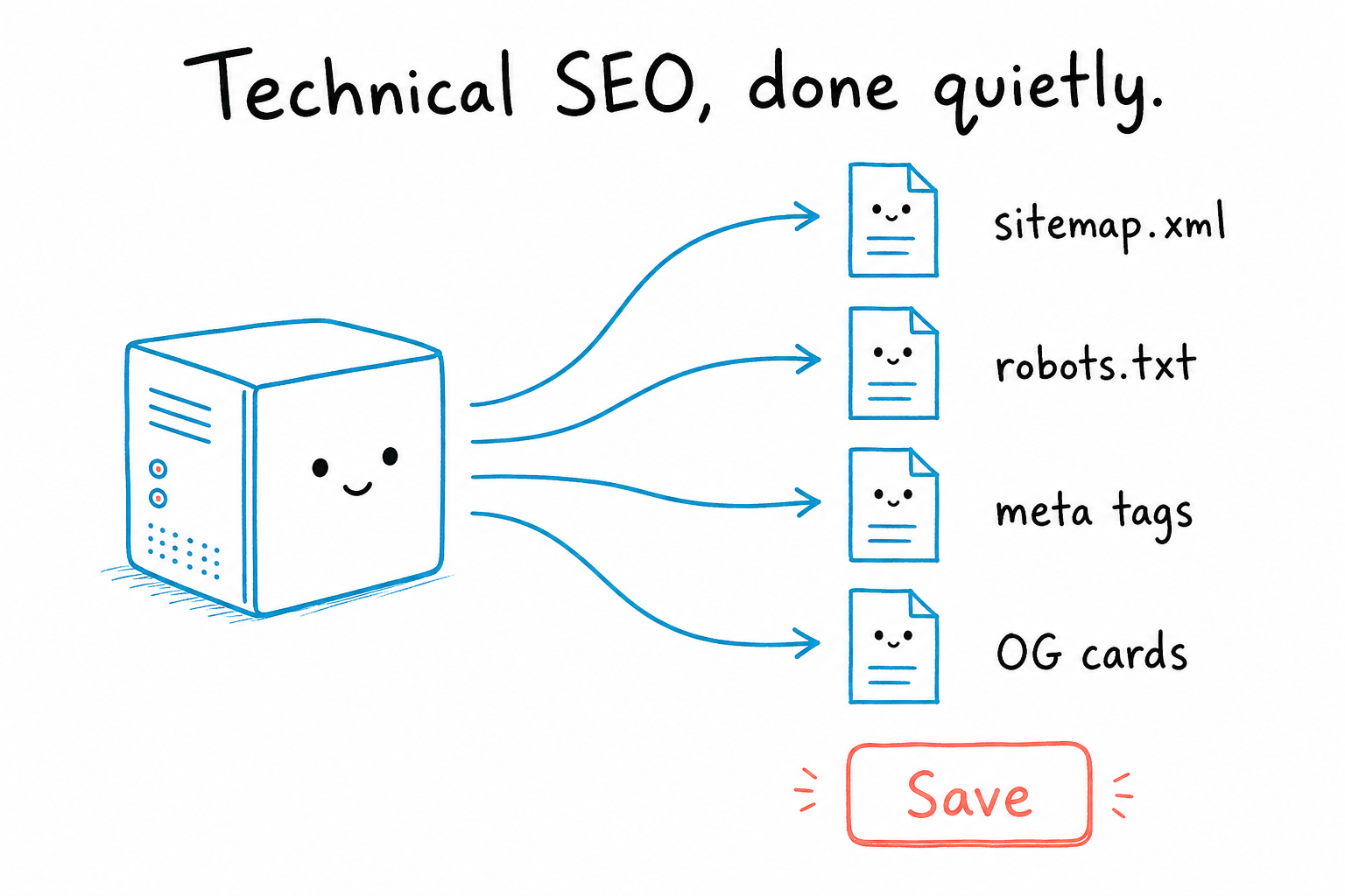 Sketch of a server emitting sitemap.xml, robots.txt, meta tags, and OG cards, with a single Save button below them.