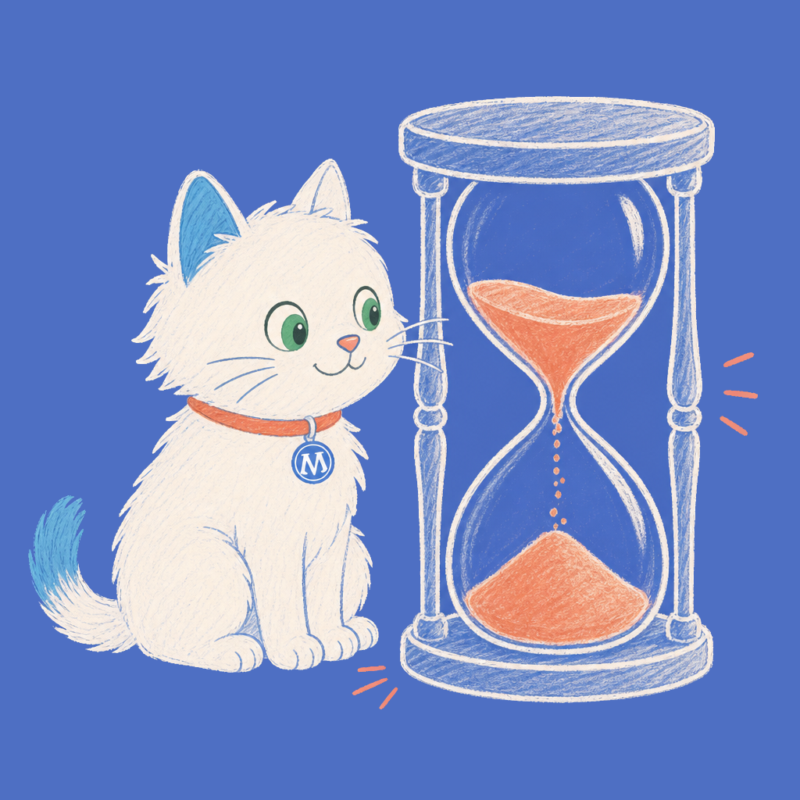 Hand-drawn illustration of the Meow Apps cat next to a hourglass with coral sand.