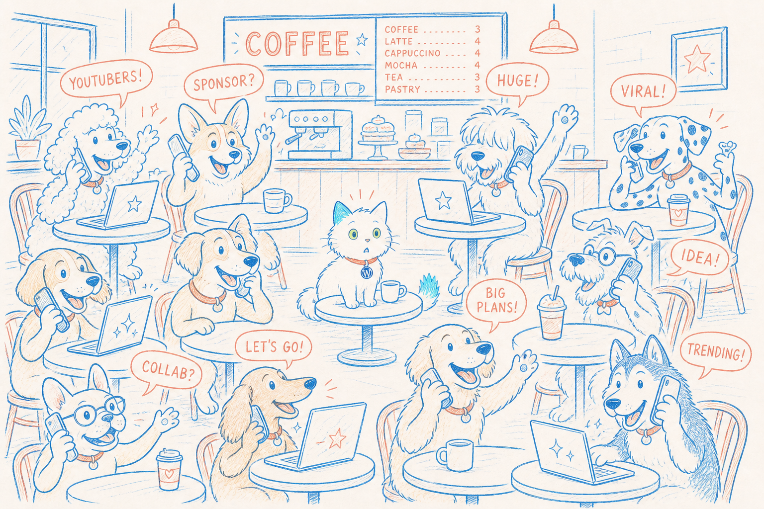 A busy coffee shop full of dogs on their phones calling YouTubers and sponsors to promote their new apps, while a surprised cat sits quietly in the middle with a coffee