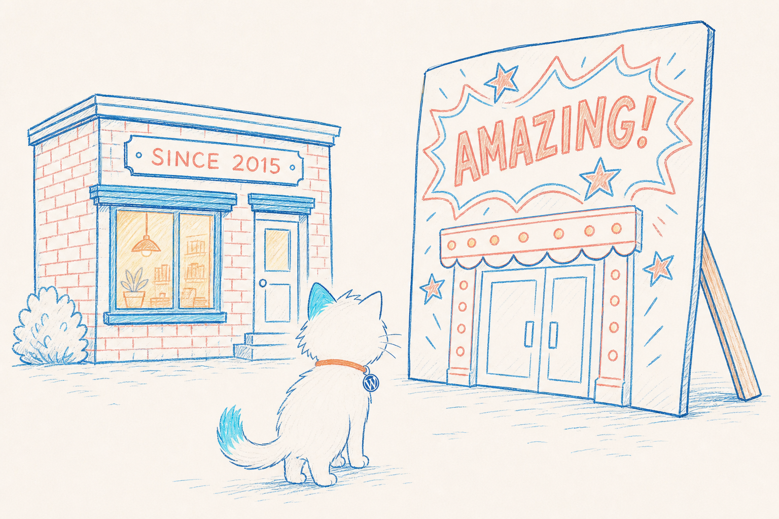 A cat looking at two shops: a sturdy brick store open since 2015, and a flashy storefront that is just a cardboard facade held up by a stick
