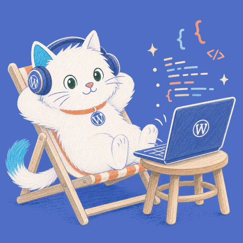 The Meow Apps cat relaxing in a deck chair with headphones while a laptop writes WordPress code by itself