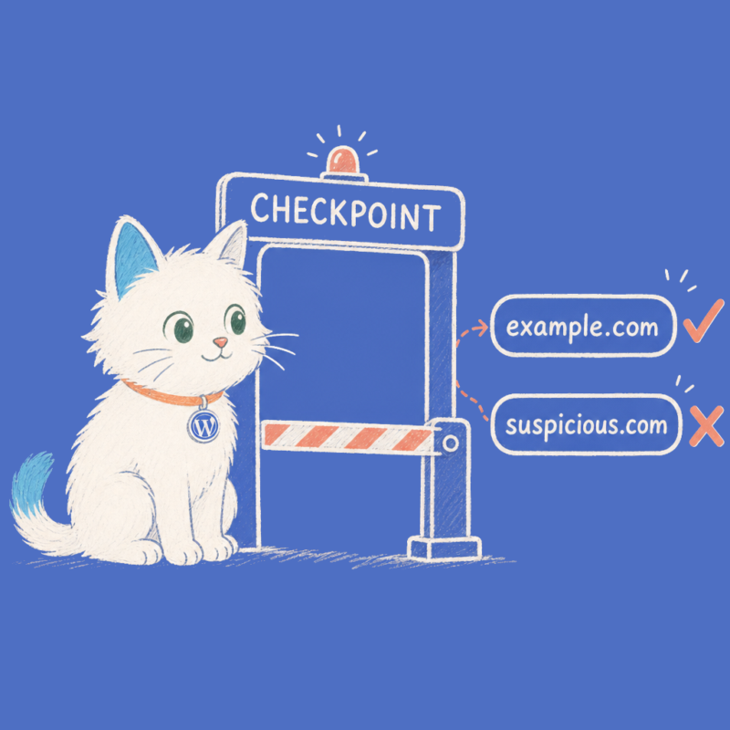 Hand-drawn illustration of the Meow Apps cat at a checkpoint gate with allowed and blocked domains.