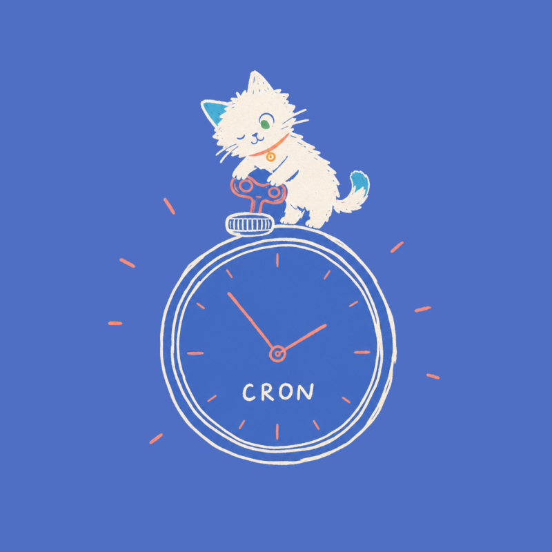 Hand-drawn illustration of the Meow Apps cat winding a pocket watch labeled CRON.