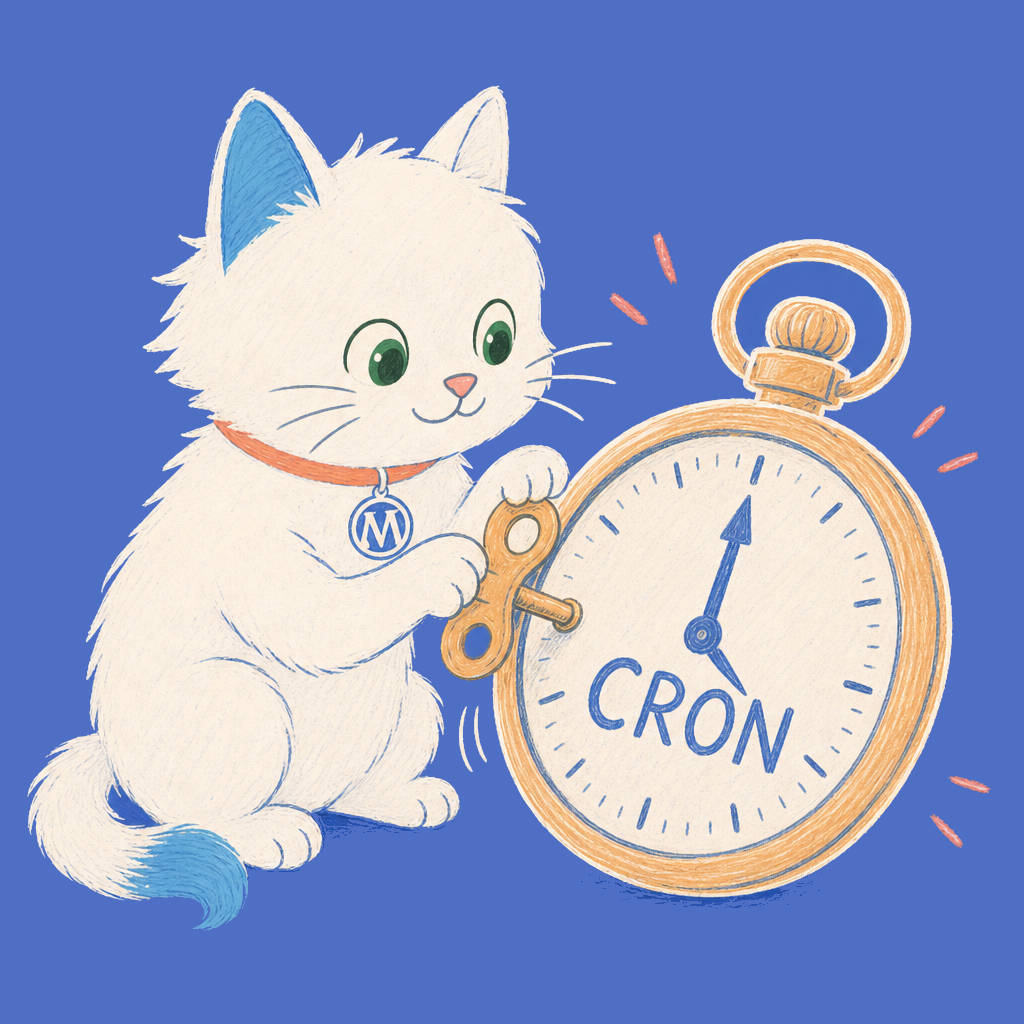 Hand-drawn illustration of the Meow Apps cat winding a pocket watch labeled CRON.