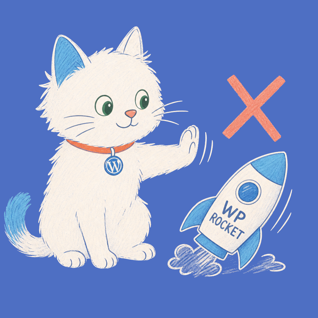 Hand-drawn illustration of the Meow Apps cat refusing a tipping rocket labeled WP Rocket.