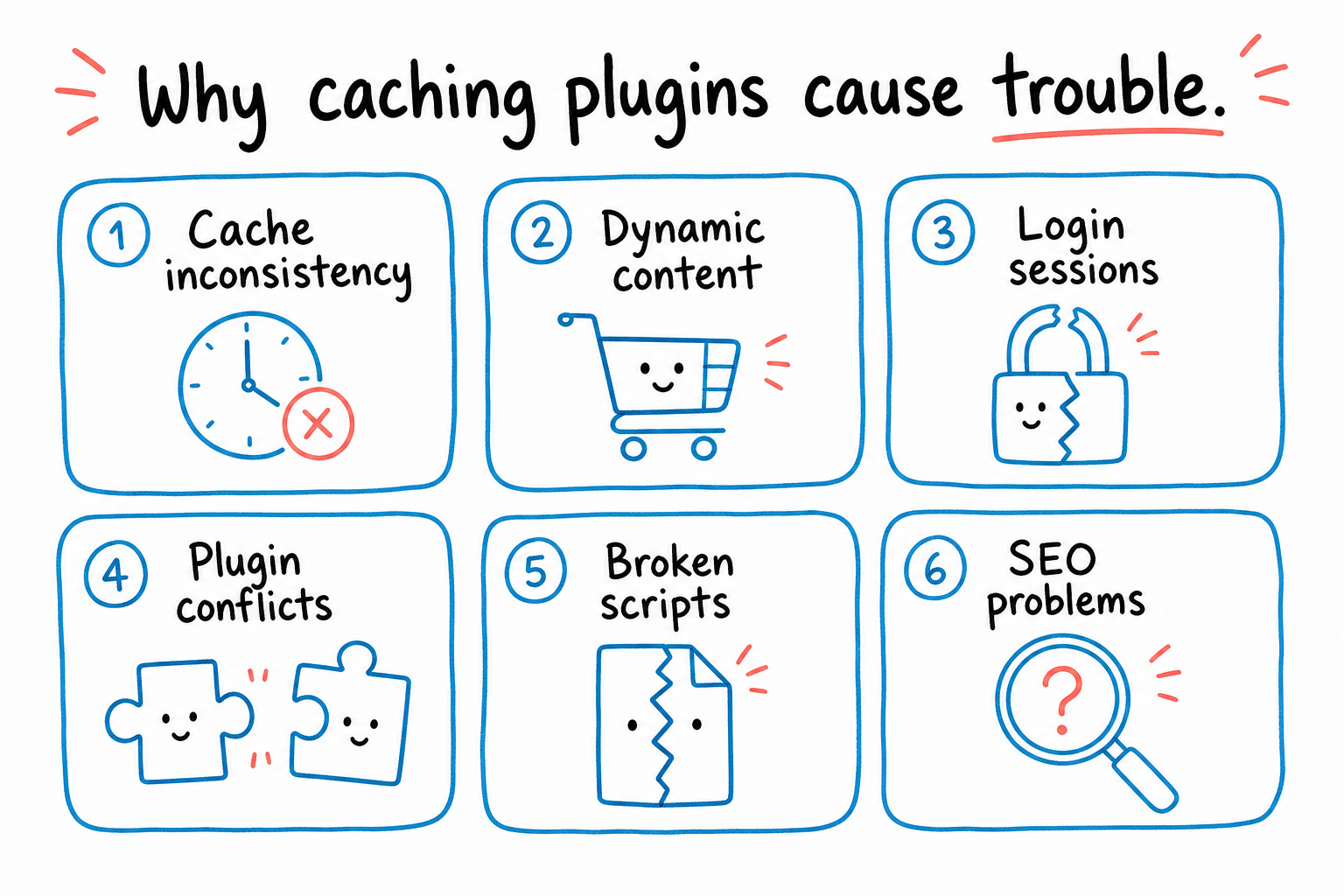 Six common issues caused by WordPress caching plugins: cache inconsistency, dynamic content problems, broken login sessions, plugin conflicts, broken scripts, and SEO problems.