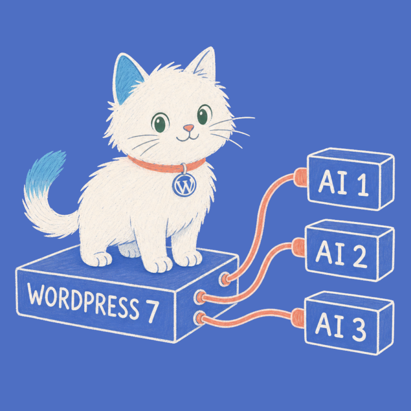 Hand-drawn illustration of the Meow Apps cat on a WordPress 7 platform with AI cables.