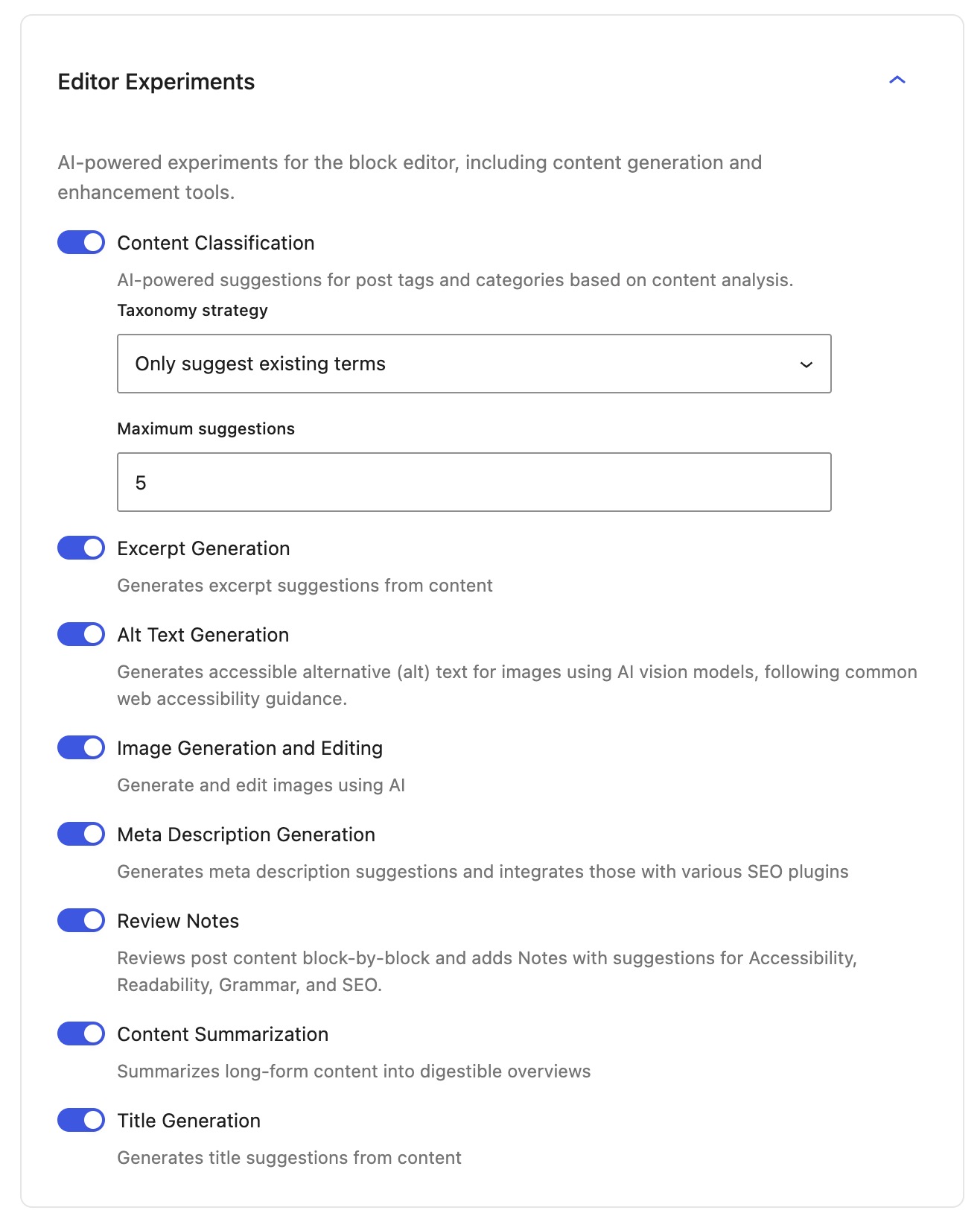 Editor Experiments panel from Automattic's AI plugin.
