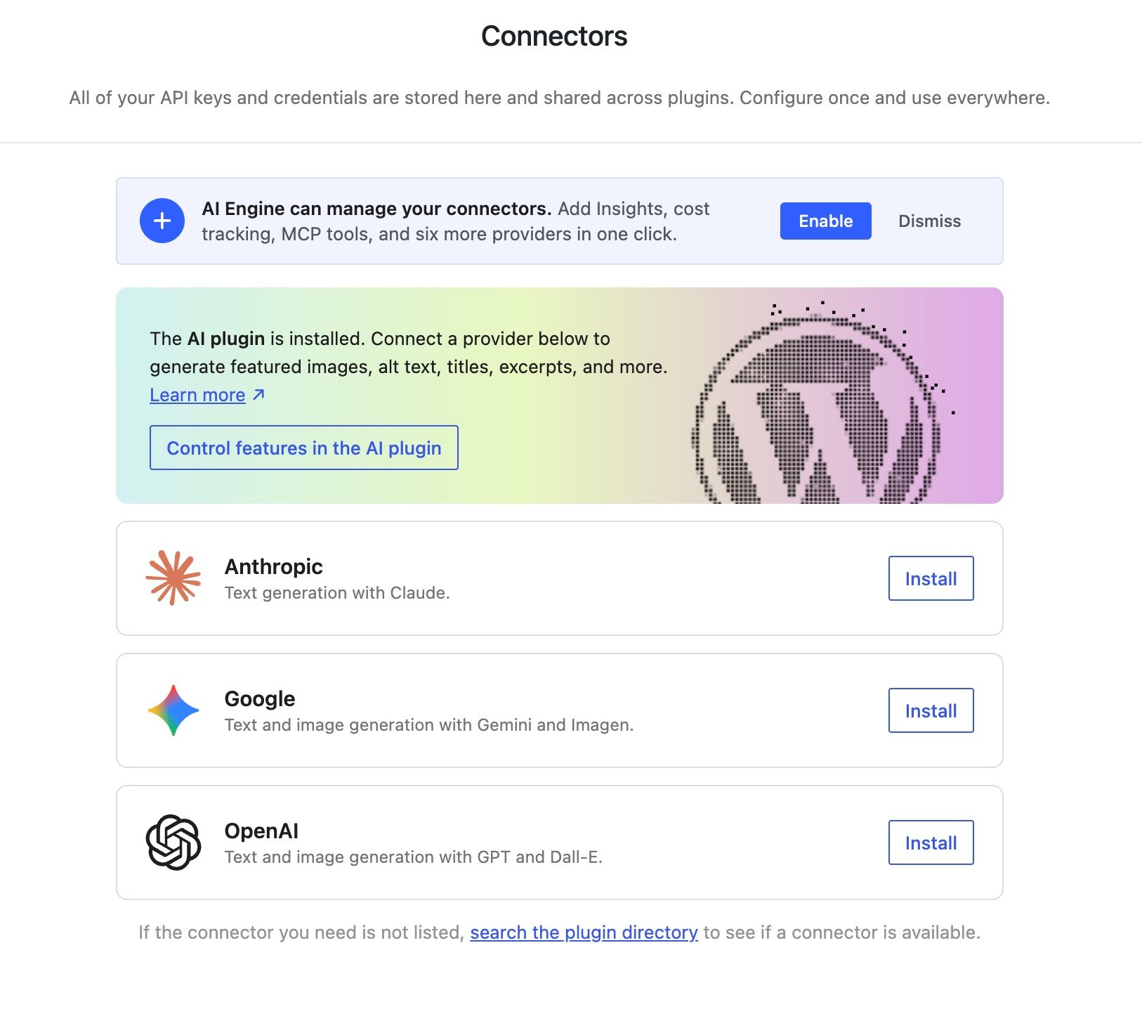 WordPress 7 Connectors page with separate provider plugins to install.