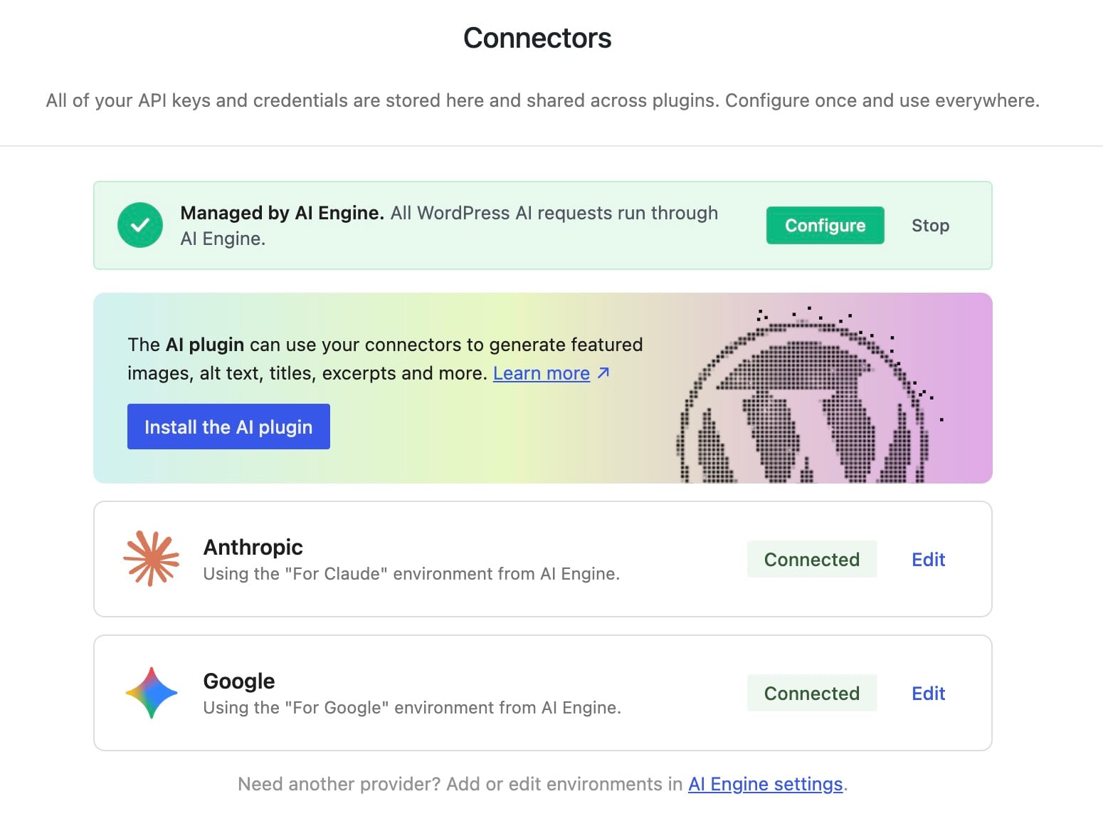 WordPress 7 Connectors page after enabling AI Engine.